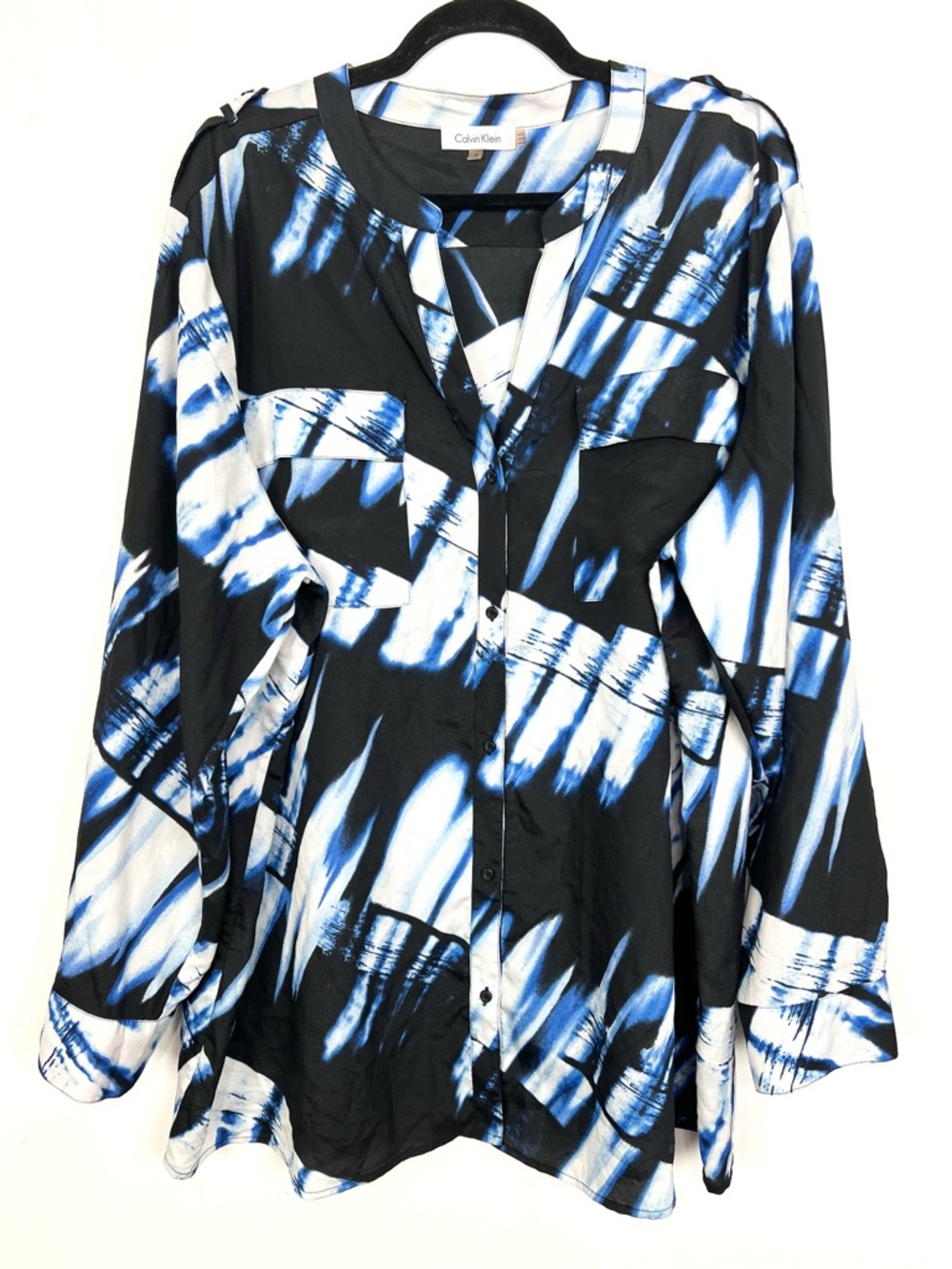 Calvin Klein Button Down Shirt Blouse Roll Tab Sleeve Blue Back Print 3X - Picture 1 of 5